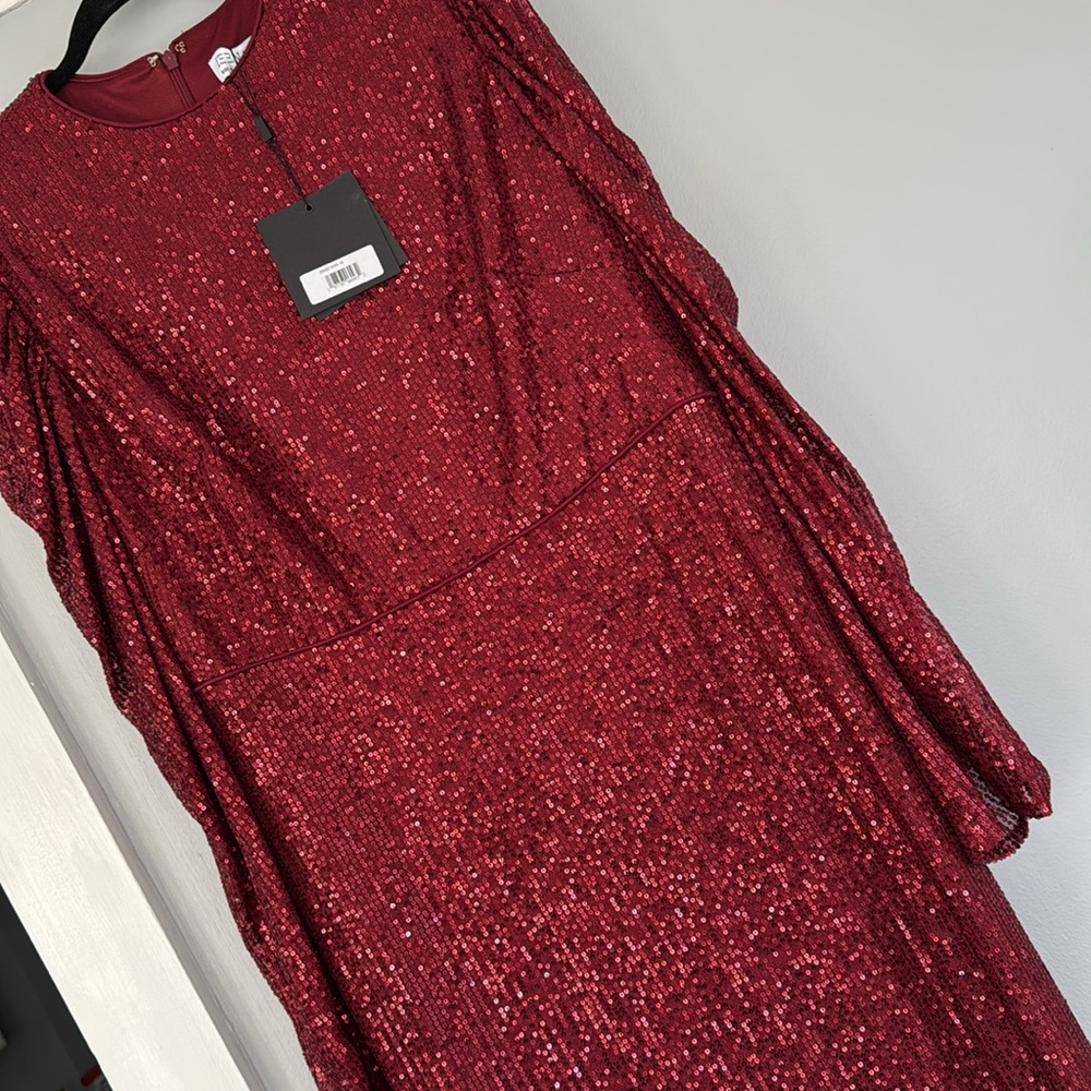 IEENA FOR MAC DUGGAL red wine 16 Sequined High Neck Puff Long Sleeve Column Gown - Picture 7 of 9
